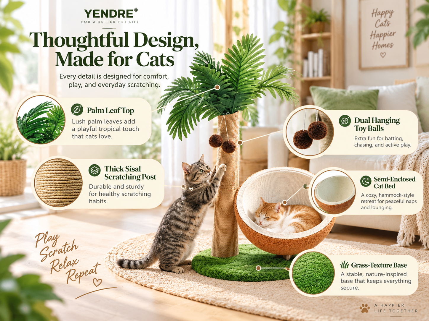 Palm-tree cat scratcher design details — palm leaf top, sisal post, coconut bed, hanging toys, grass base