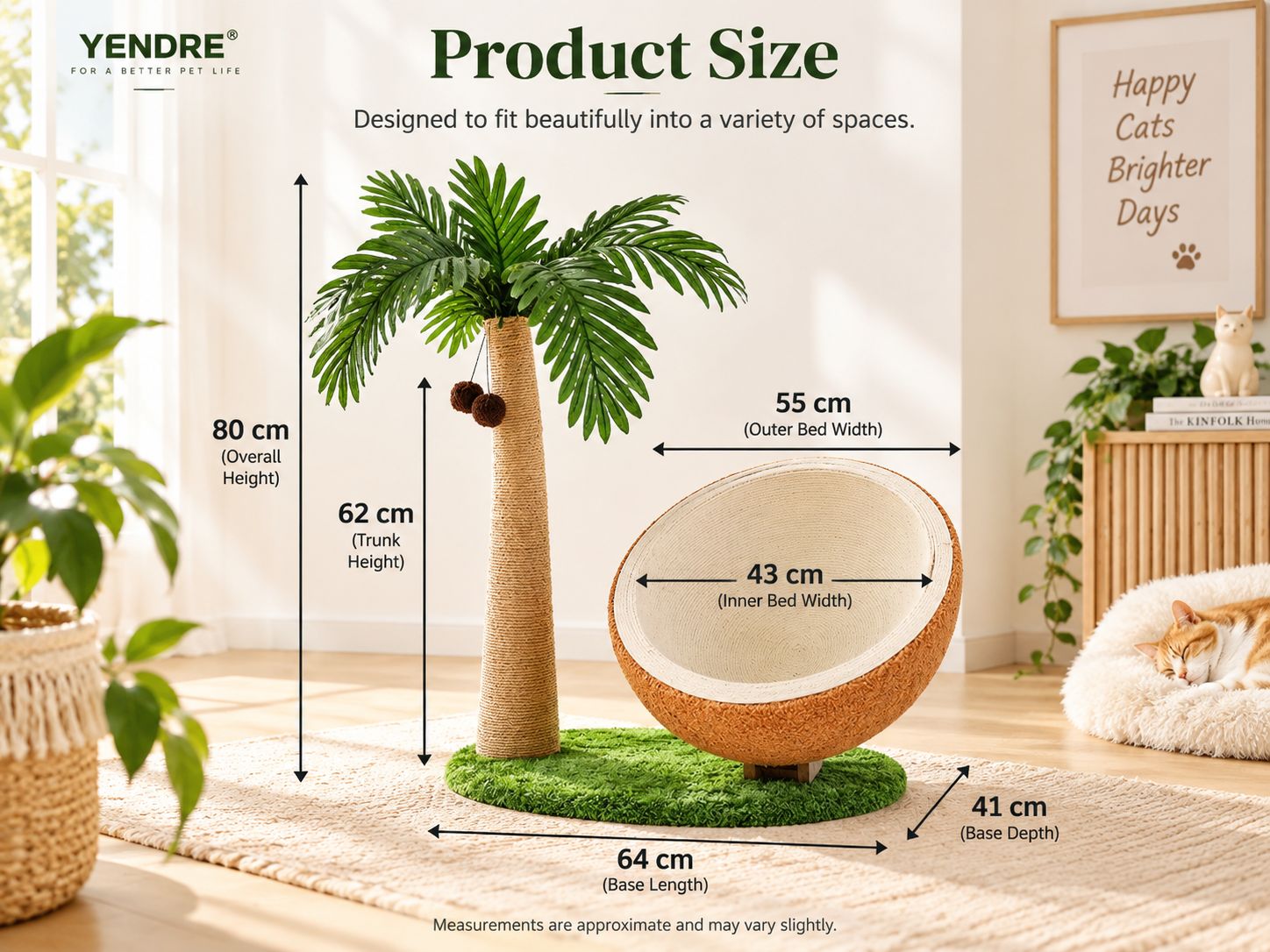 Sunny Palm Cat Scratcher Bed measurements — 80cm tall, 64cm base
